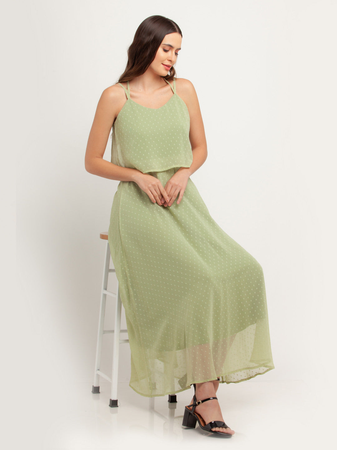 Green Solid Strappy Maxi Dress