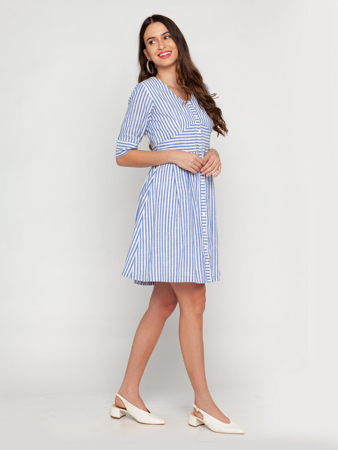 White Striped A-Line Short Dress