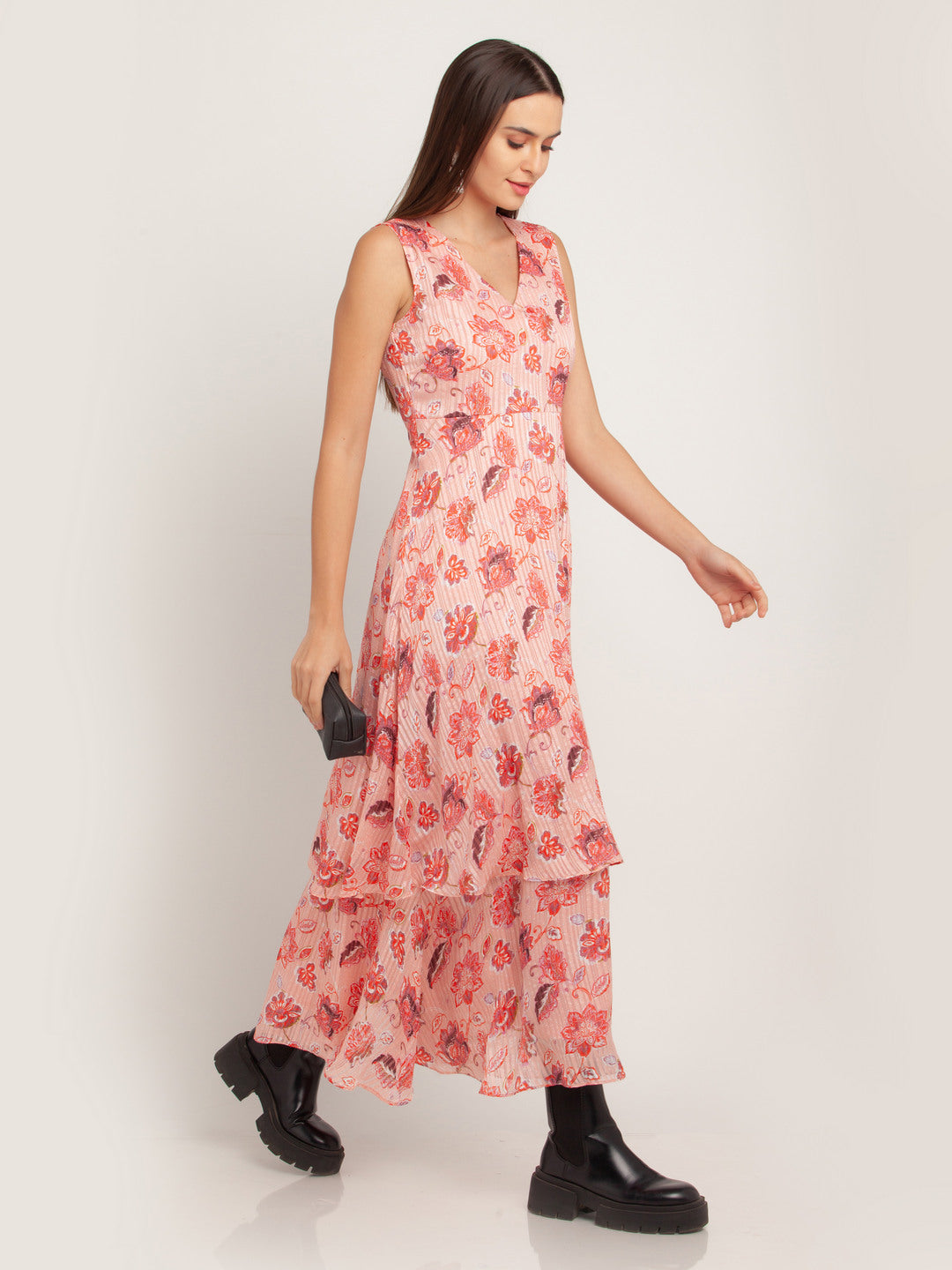 Peach Printed Tiered Maxi Dress