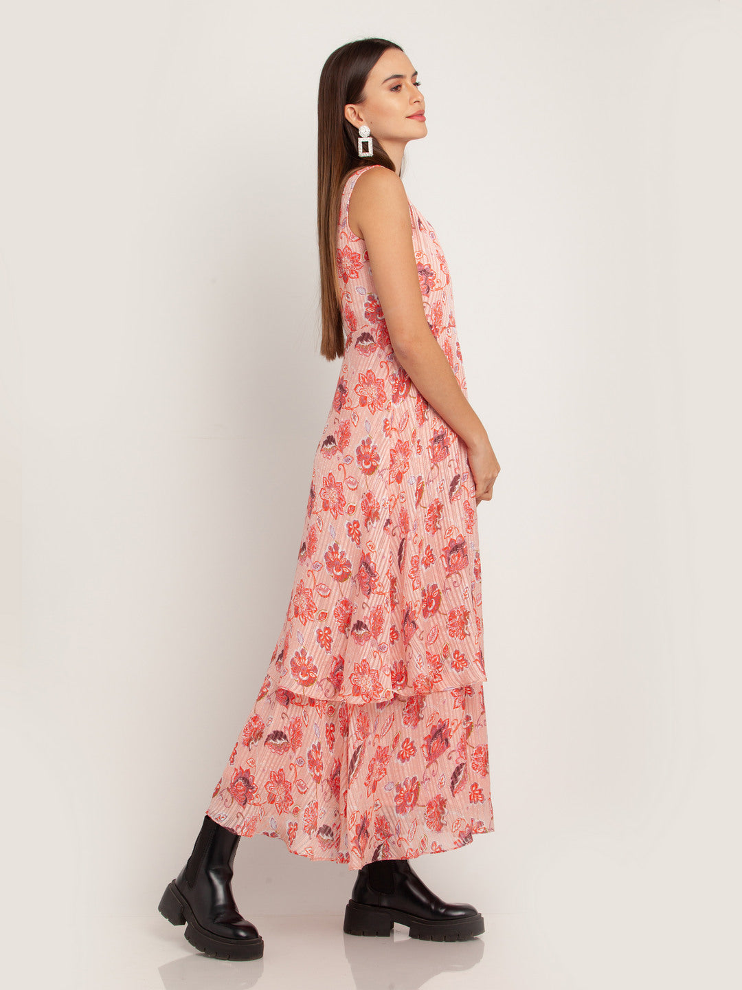 Peach Printed Tiered Maxi Dress