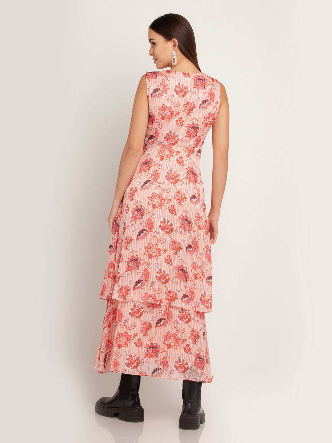 Peach Printed Tiered Maxi Dress For Women