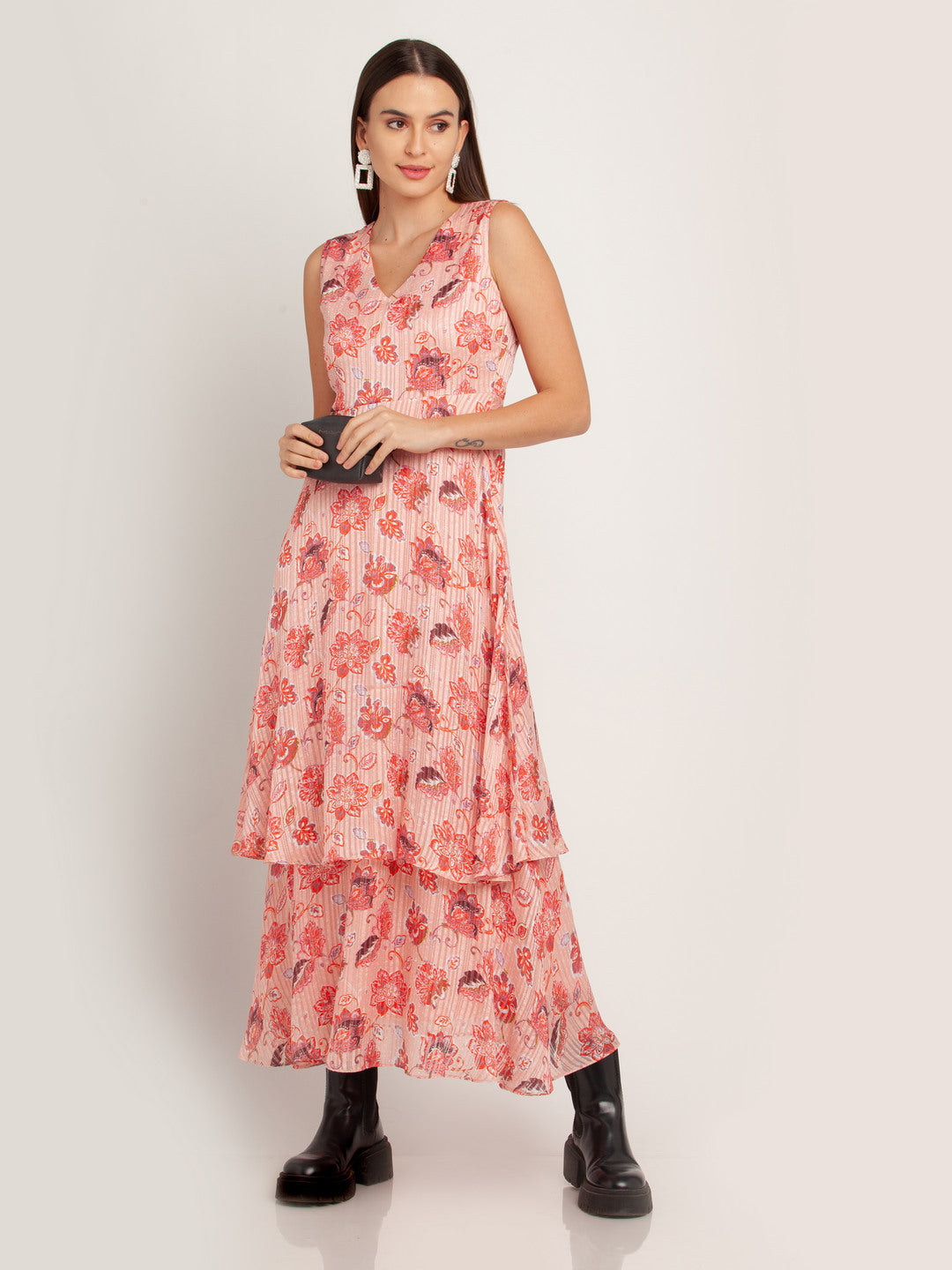 Peach Printed Tiered Maxi Dress