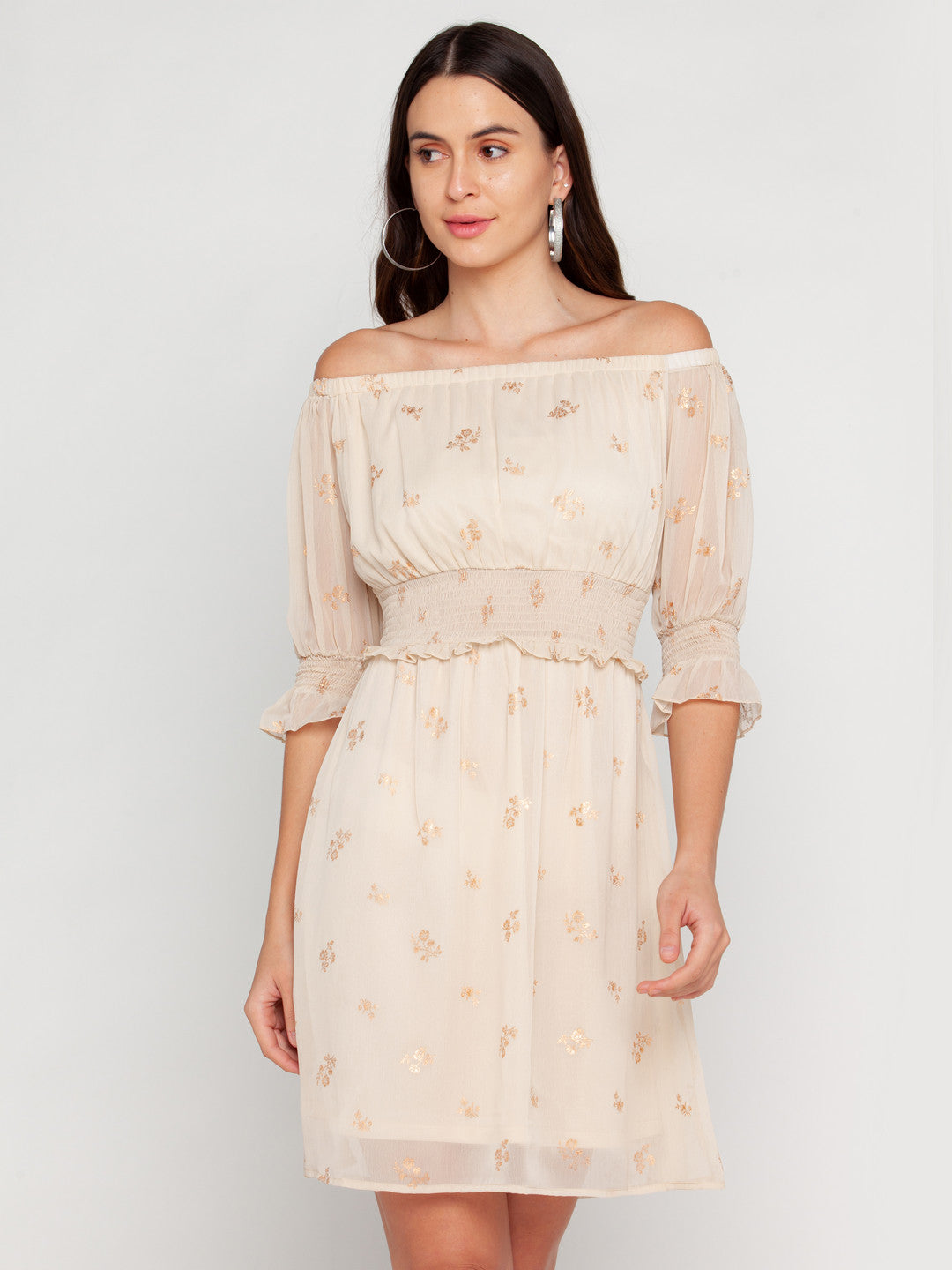 Beige Printed Off-shoulder Short Dress