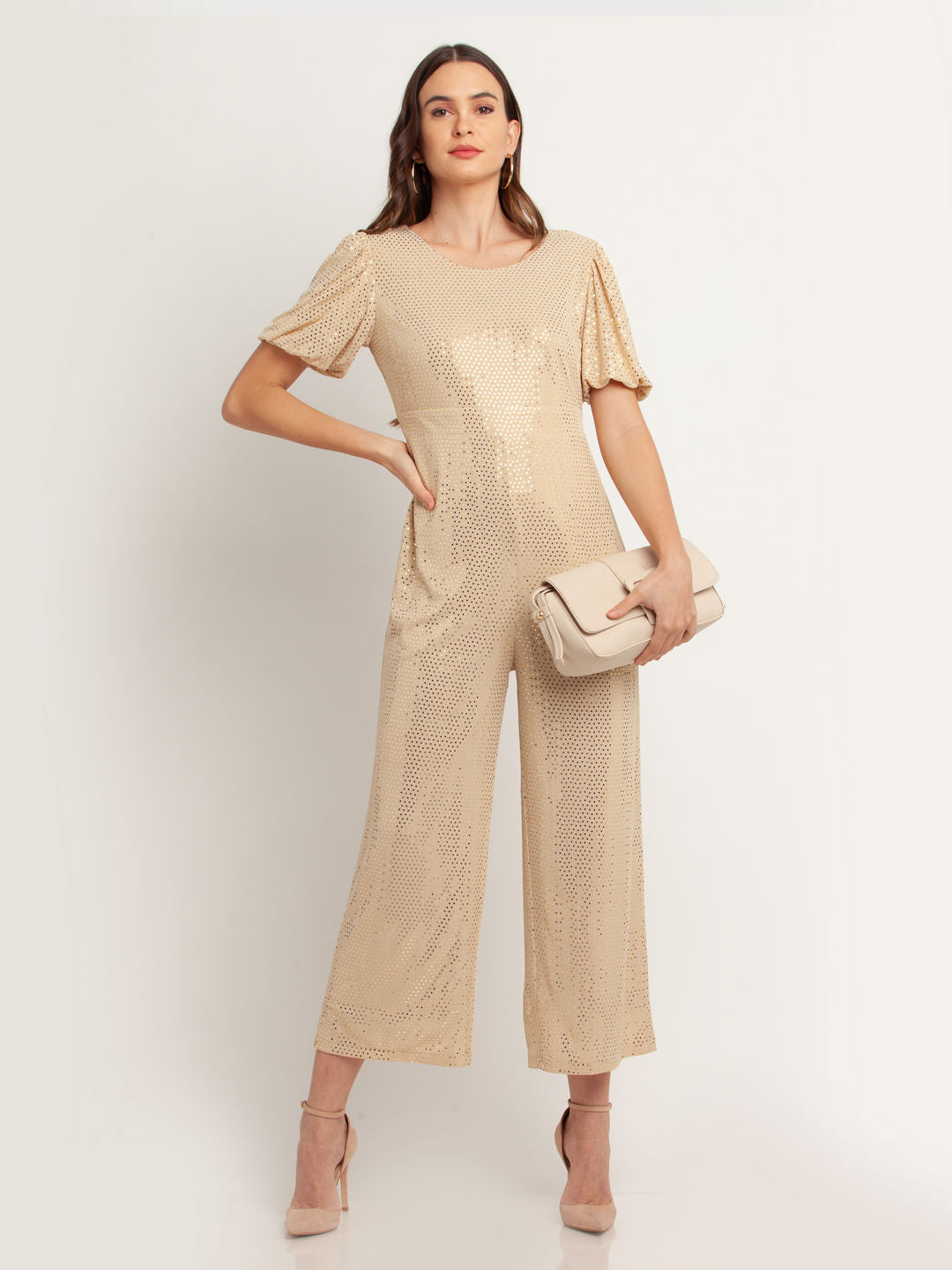 Beige Embellished Tie-Up Jumpsuit