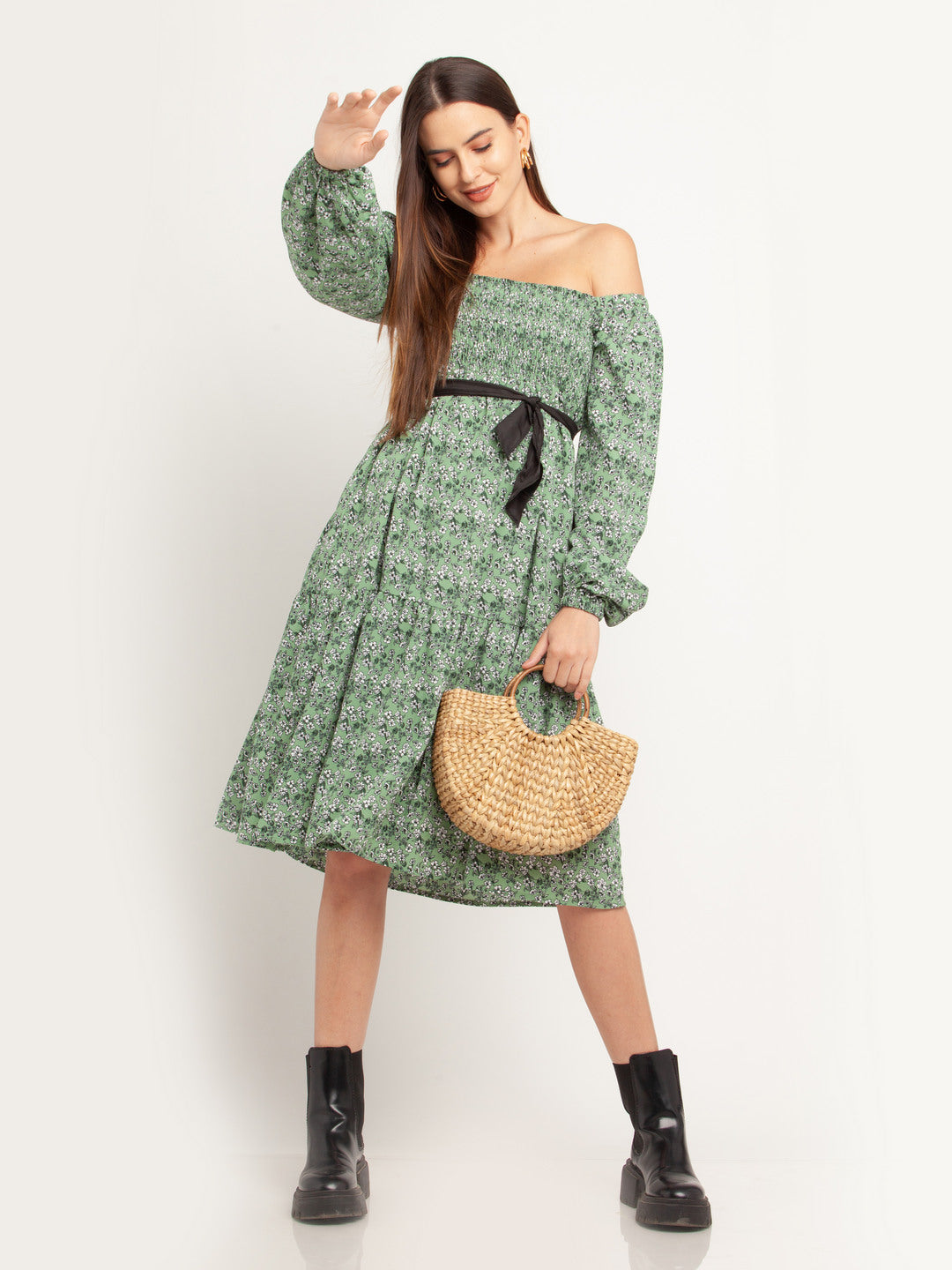 Green Printed Elasticated Midi Dress