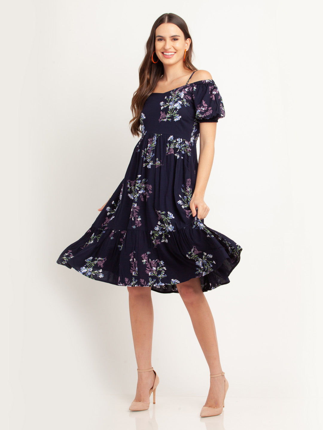 Navy Blue Printed Puff Sleeve Midi Dress