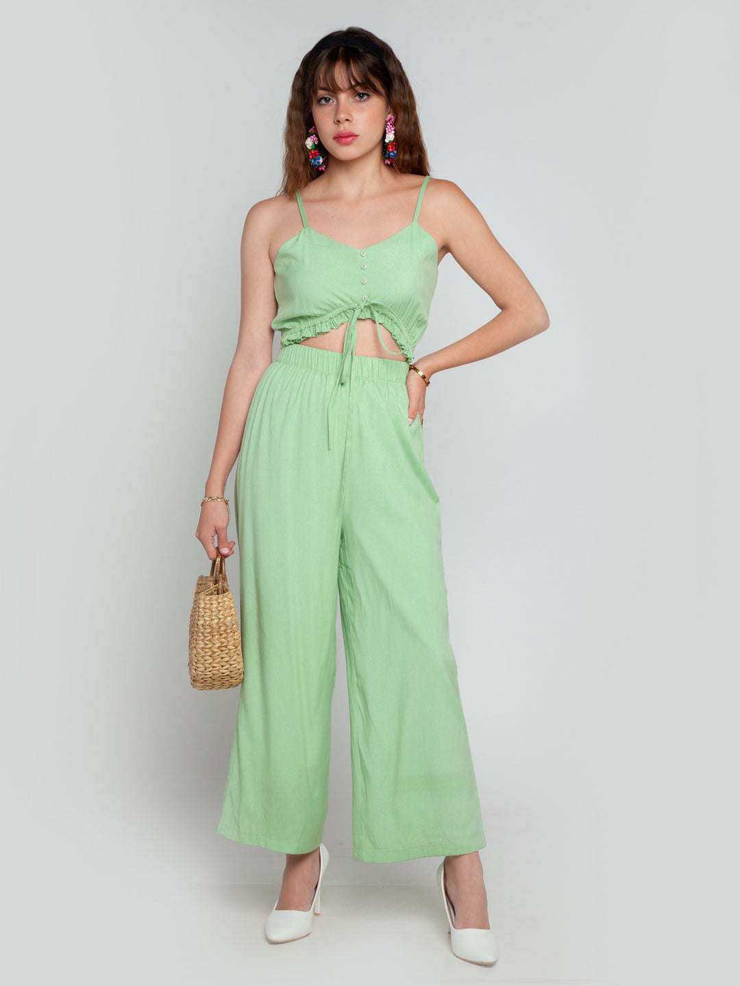 Green Solid Tie-Up Jumpsuit
