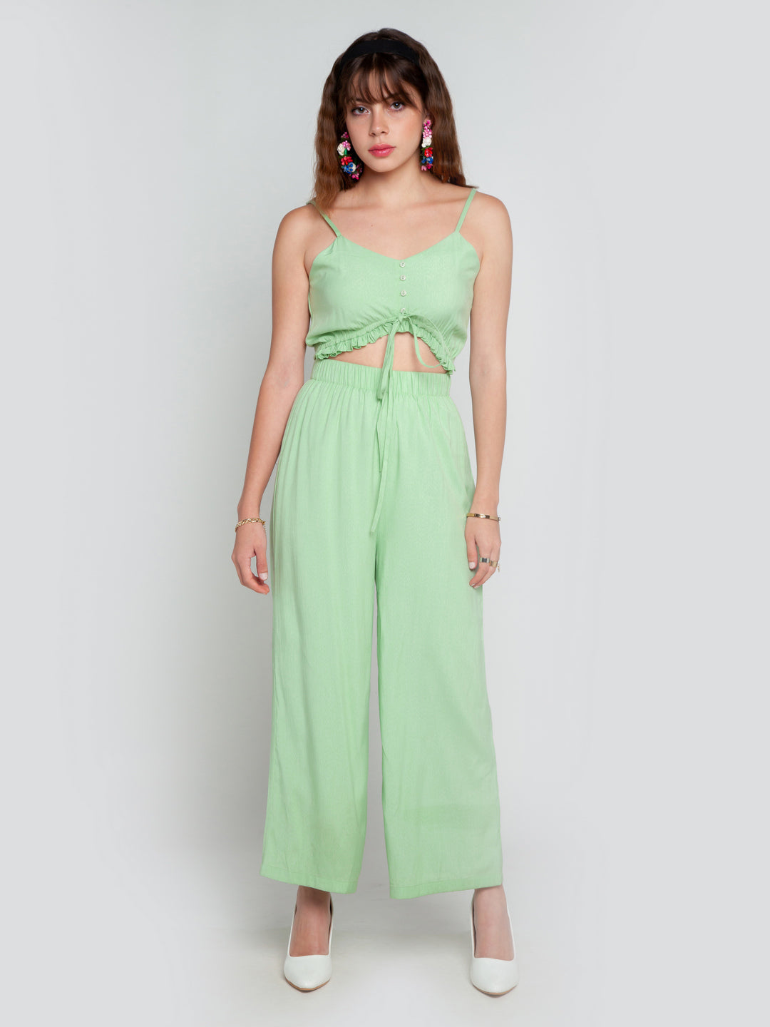 Green Solid Tie-Up Jumpsuit