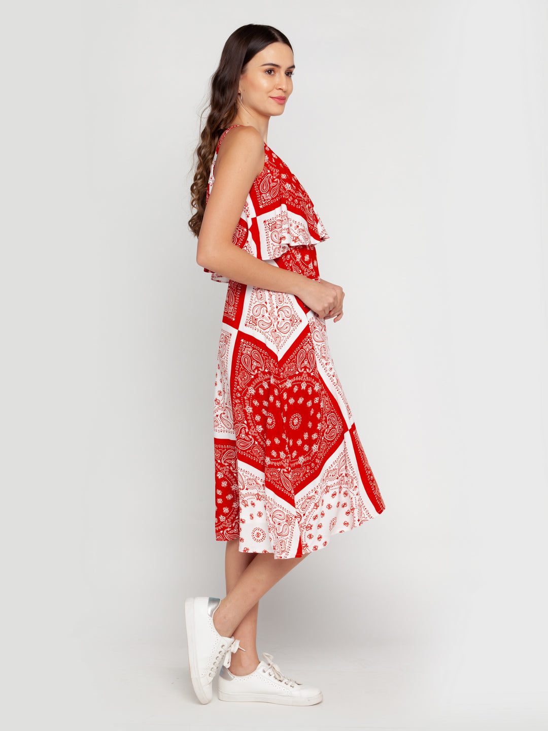 Off White Printed Layered Midi Dress