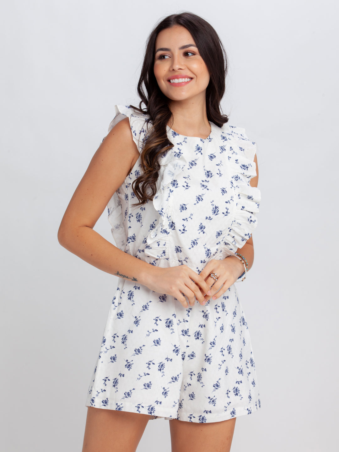 White Floral Print Playsuit