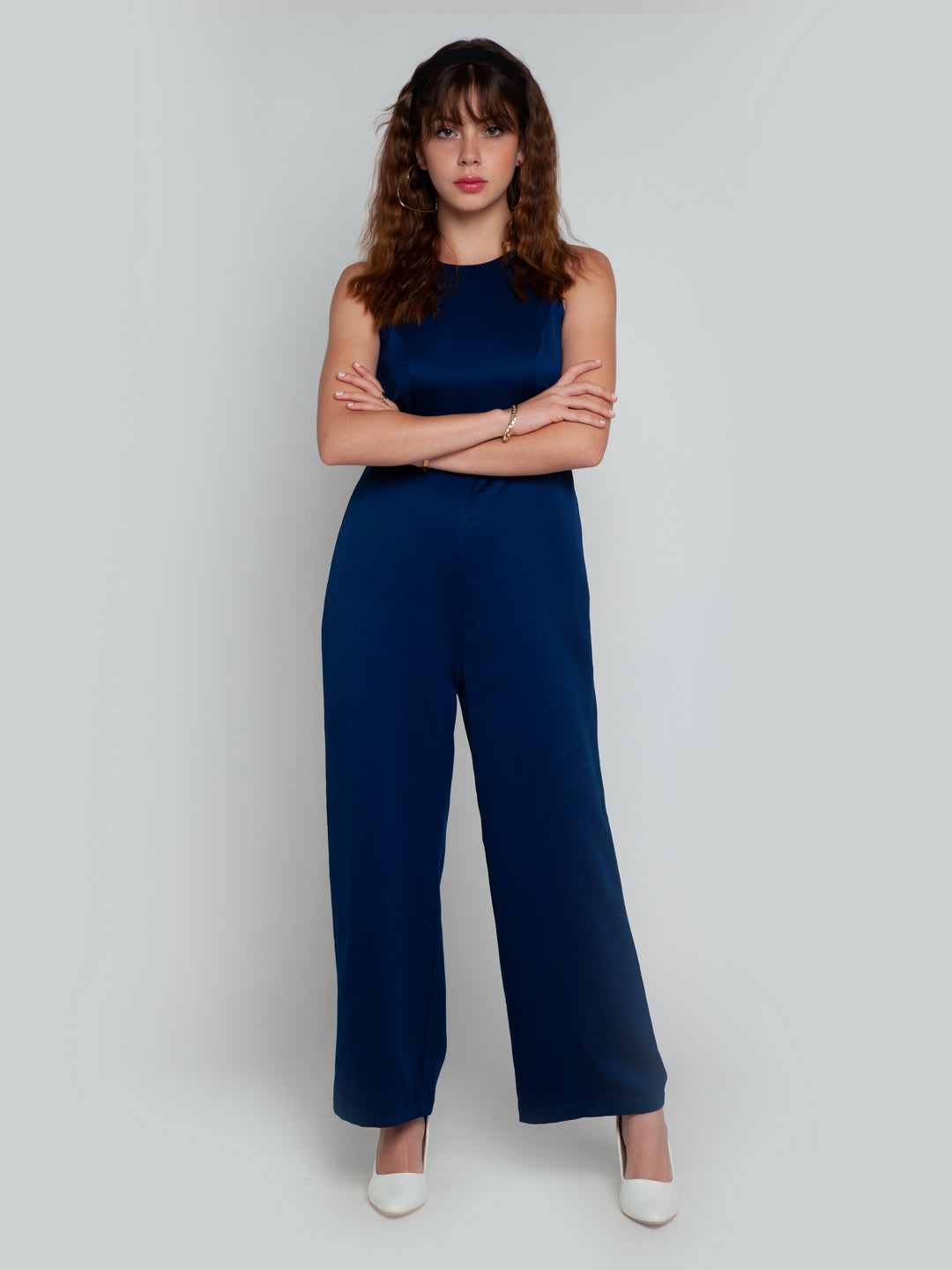 Navy Blue Solid Straight Jumpsuit For Women