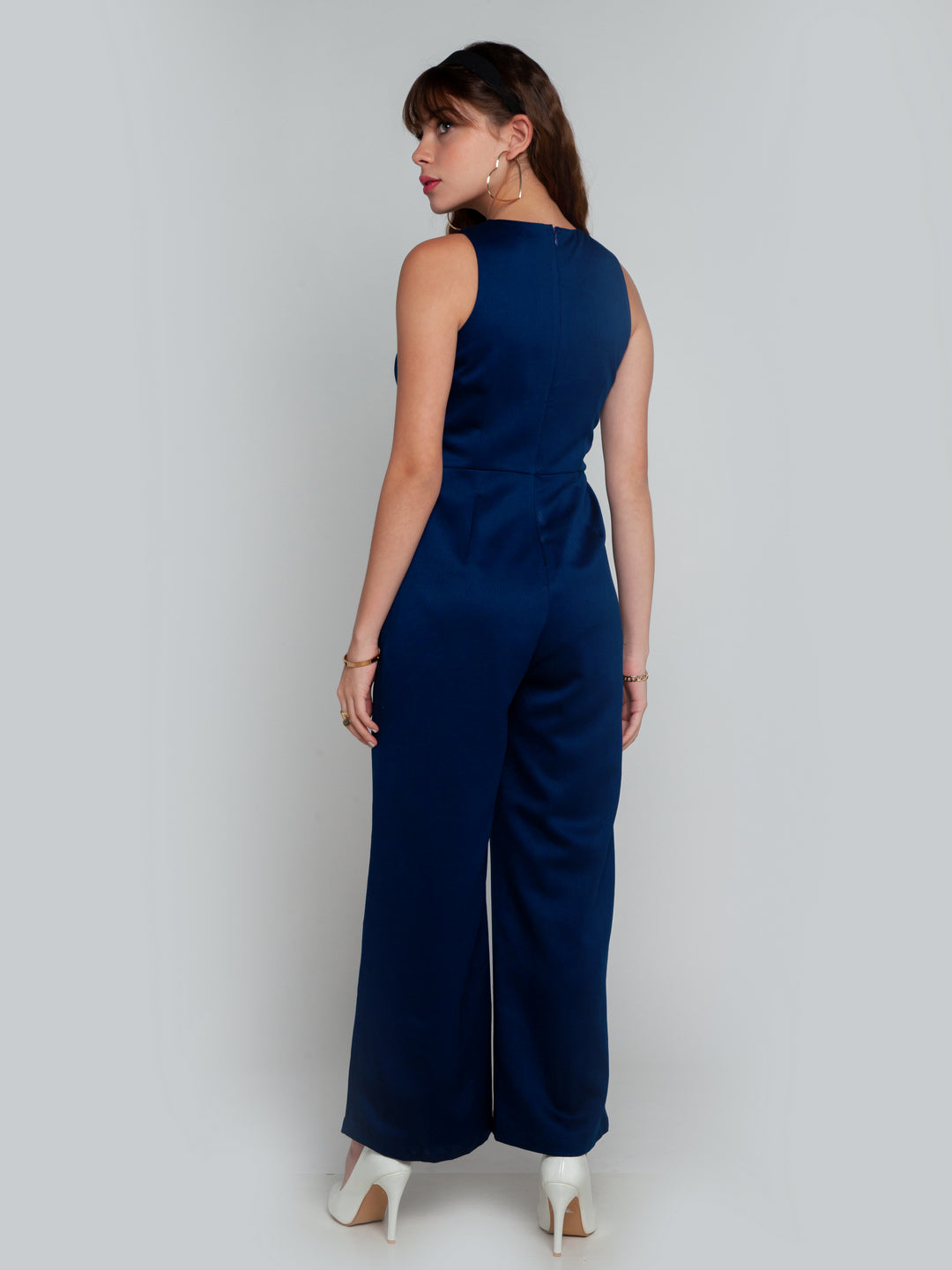 Navy Blue Solid Straight Jumpsuit For Women