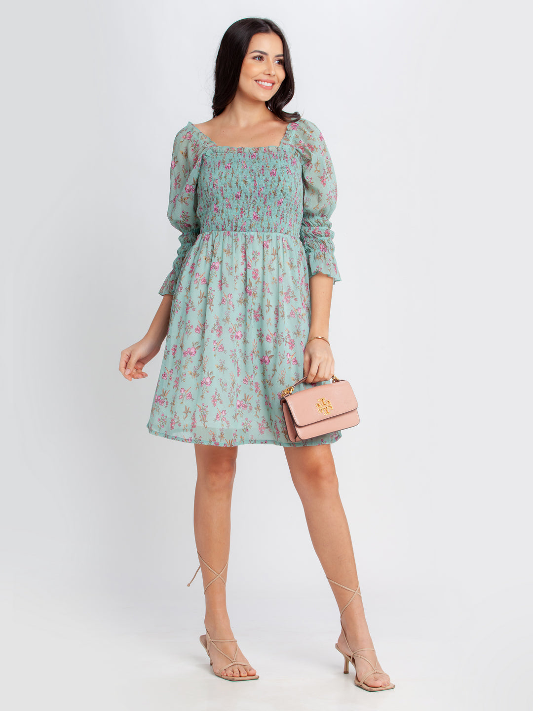 Green Printed Elasticated Short Dress