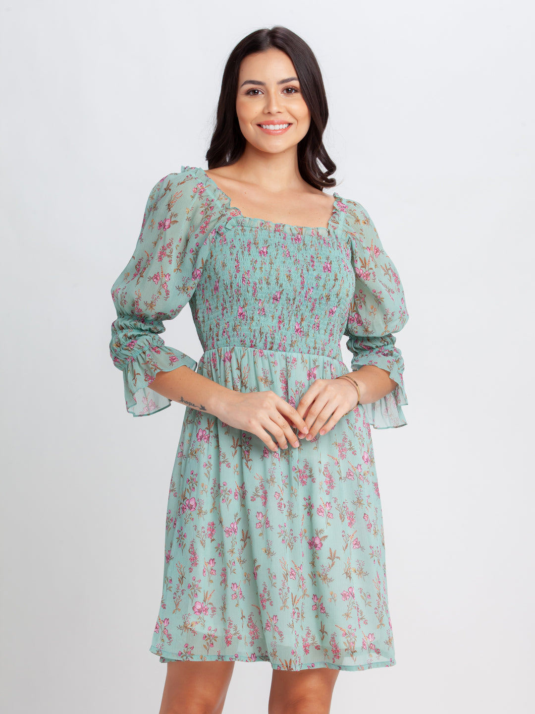 Green Printed Elasticated Short Dress