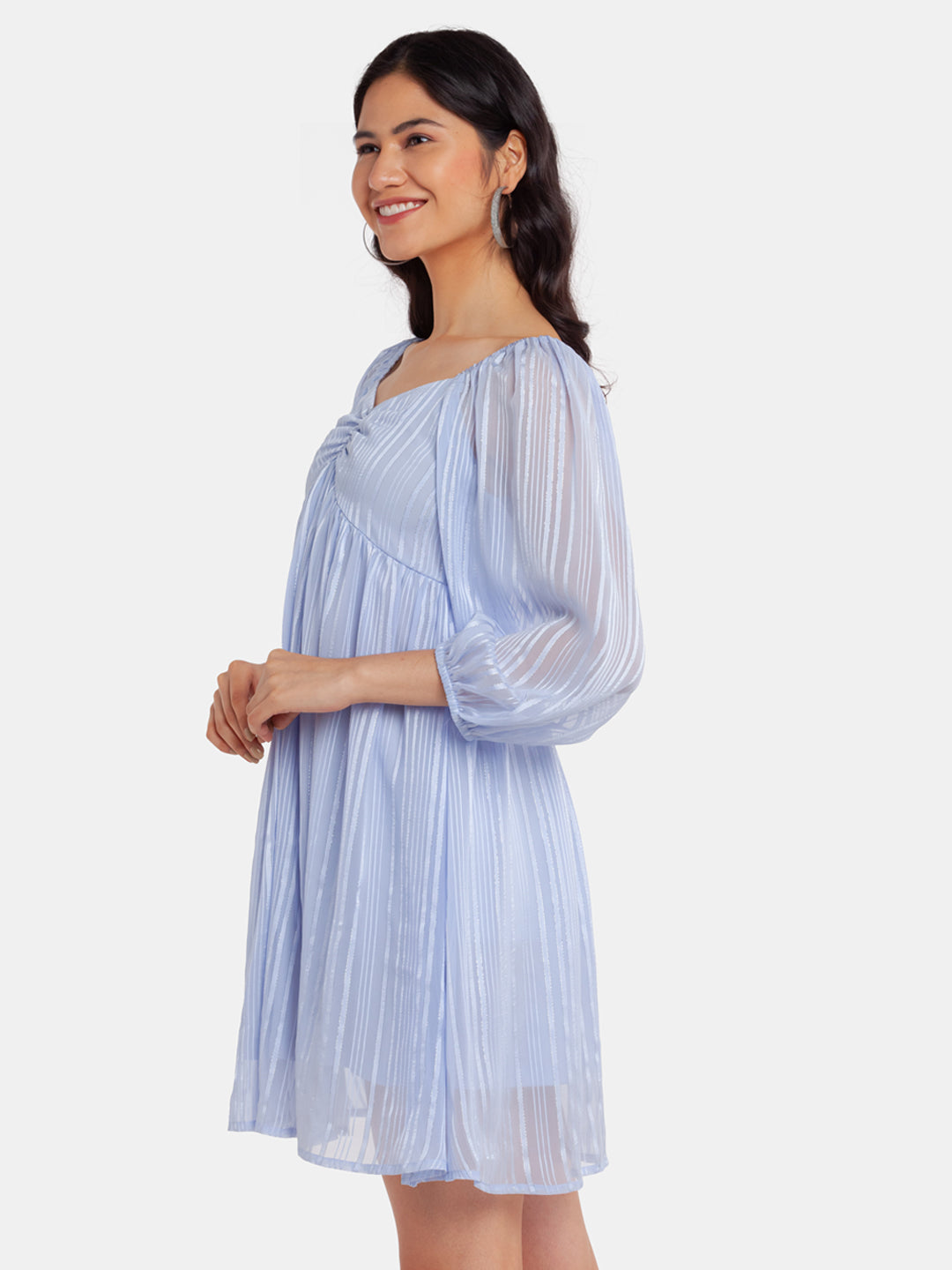 Blue Puff Sleeve Short Dress