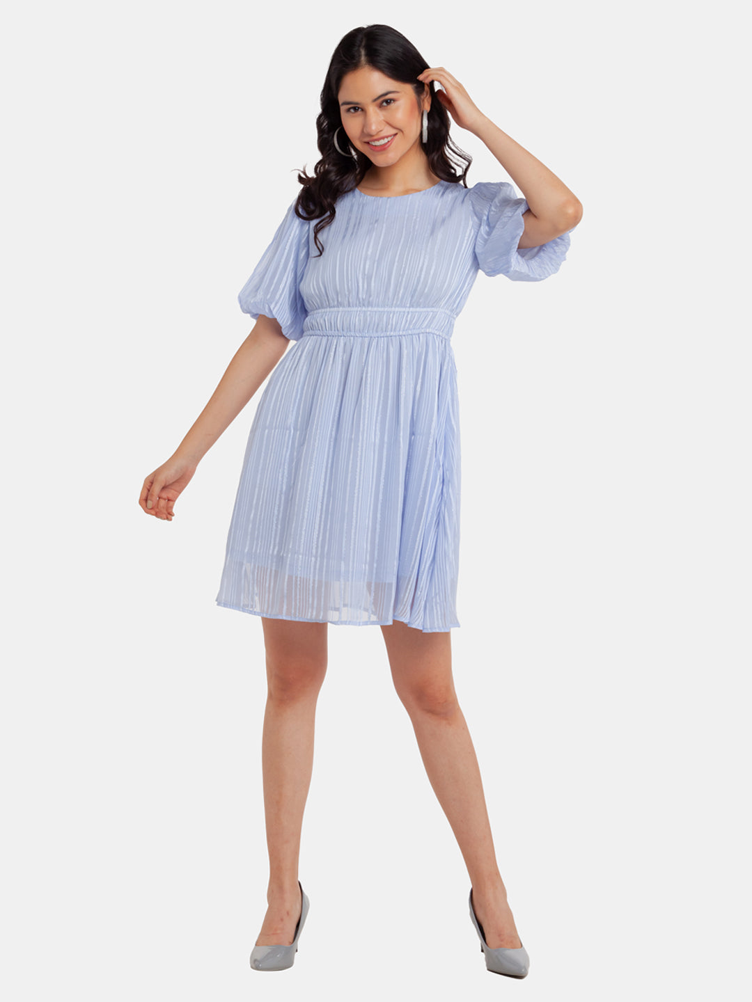 Blue Puff Sleeve Short Dress