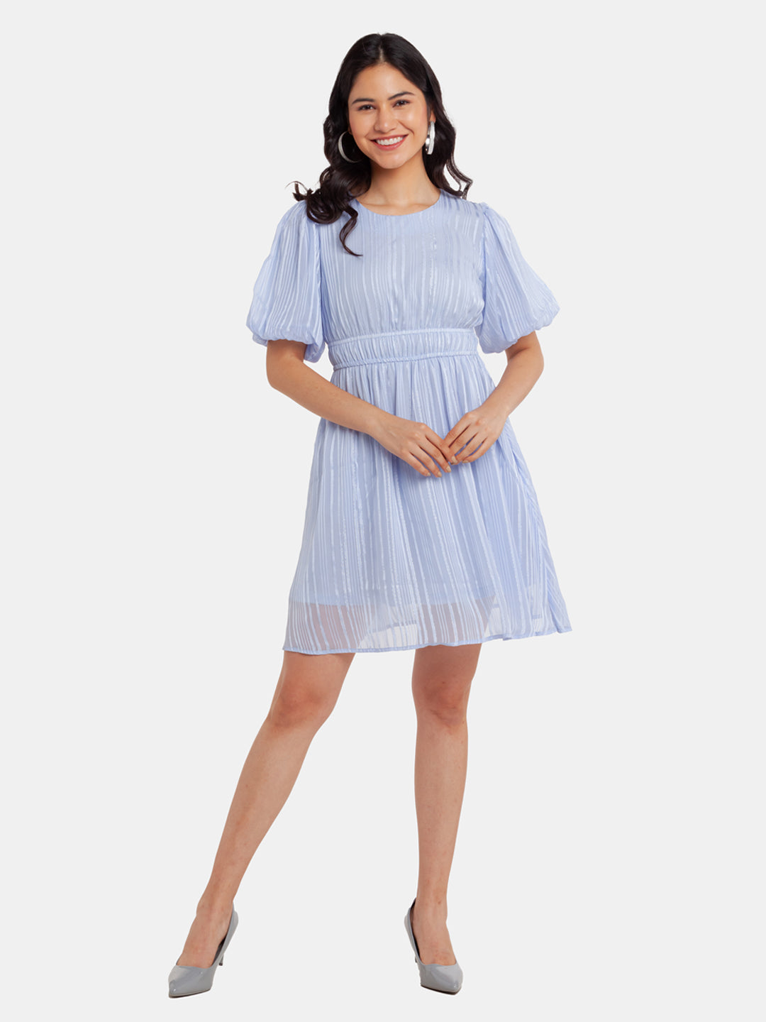 Blue Puff Sleeve Short Dress