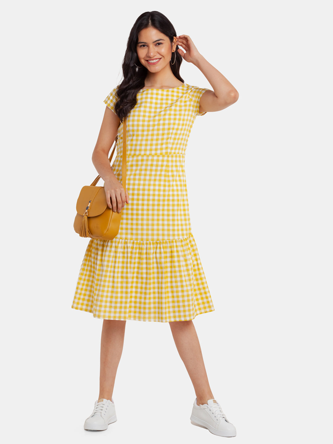 Buy Yellow Checked Tiered Midi Dress For Women Online