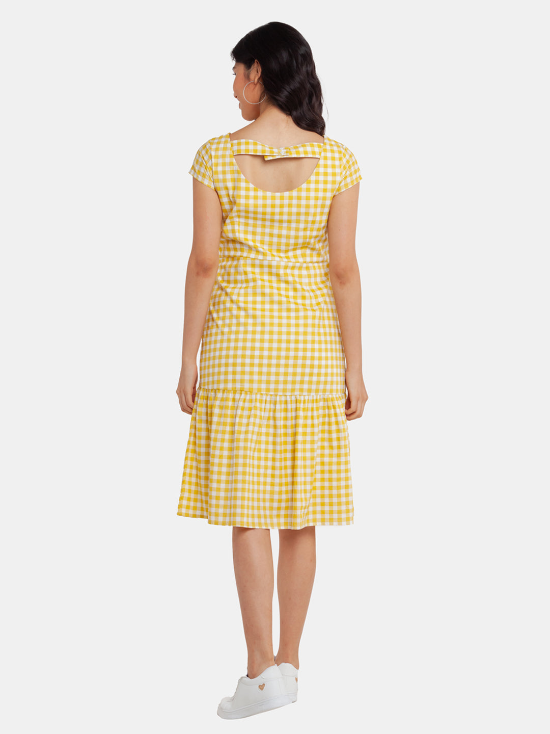 Yellow Checked Tiered Midi Dress