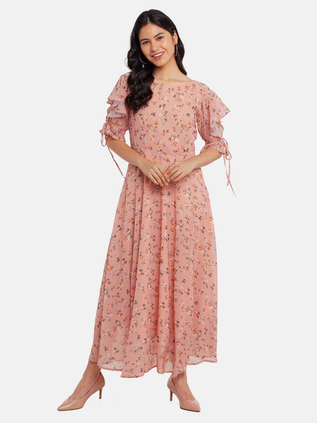 Beige Printed Flared Sleeve Maxi Dress