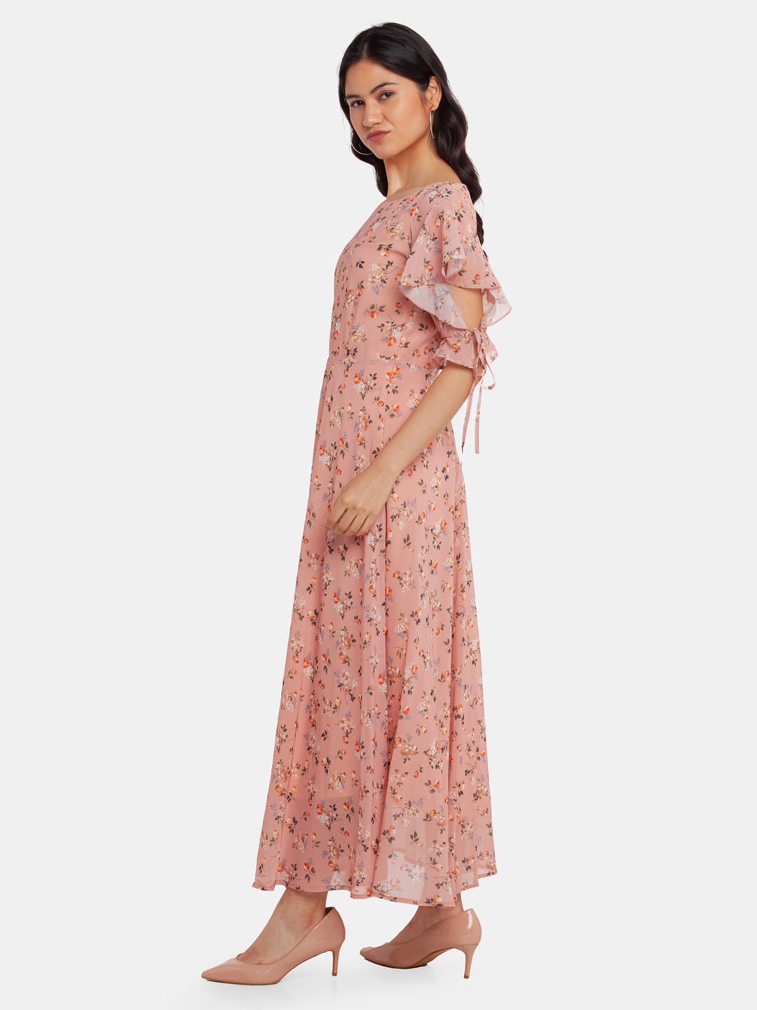 Beige Printed Flared Sleeve Maxi Dress