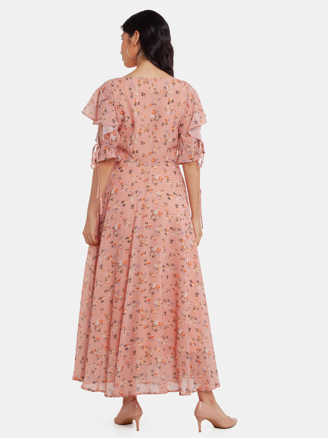 Beige Printed Flared Sleeve Maxi Dress