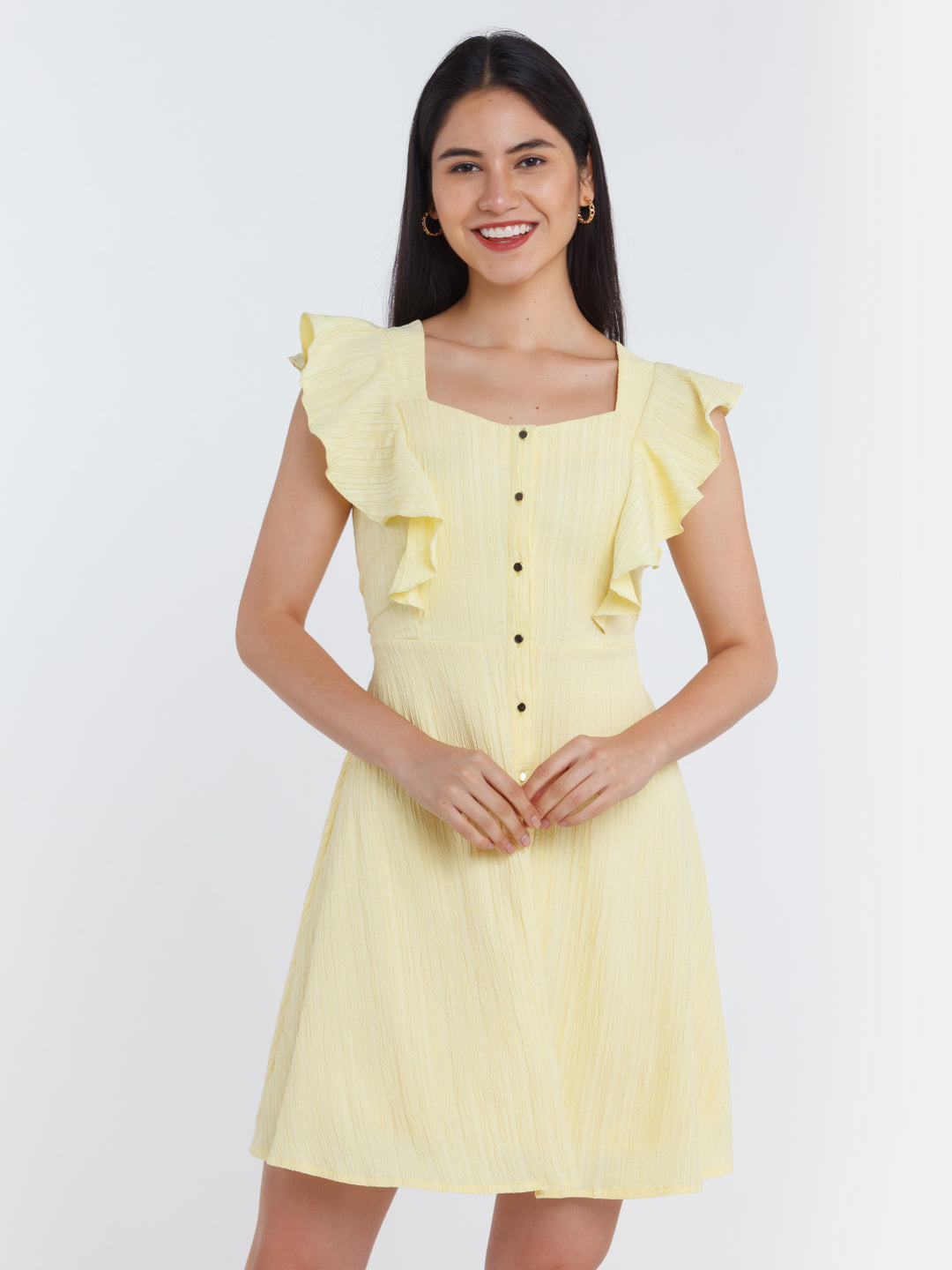 Yellow Solid Ruffled Short Dress