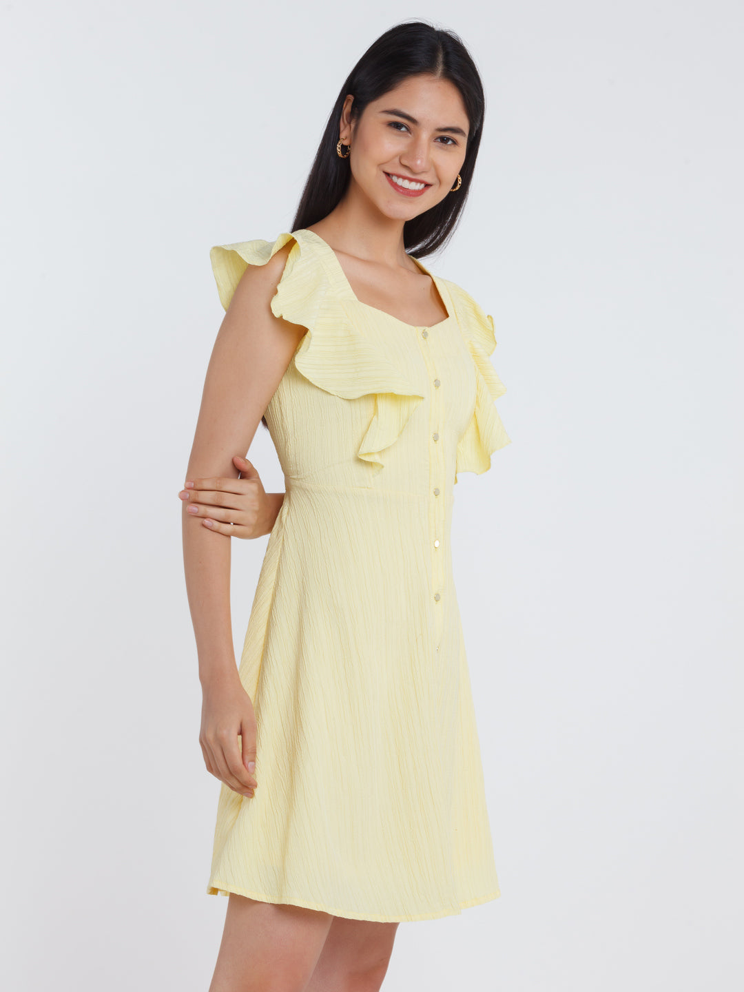 Yellow Solid Ruffled Short Dress