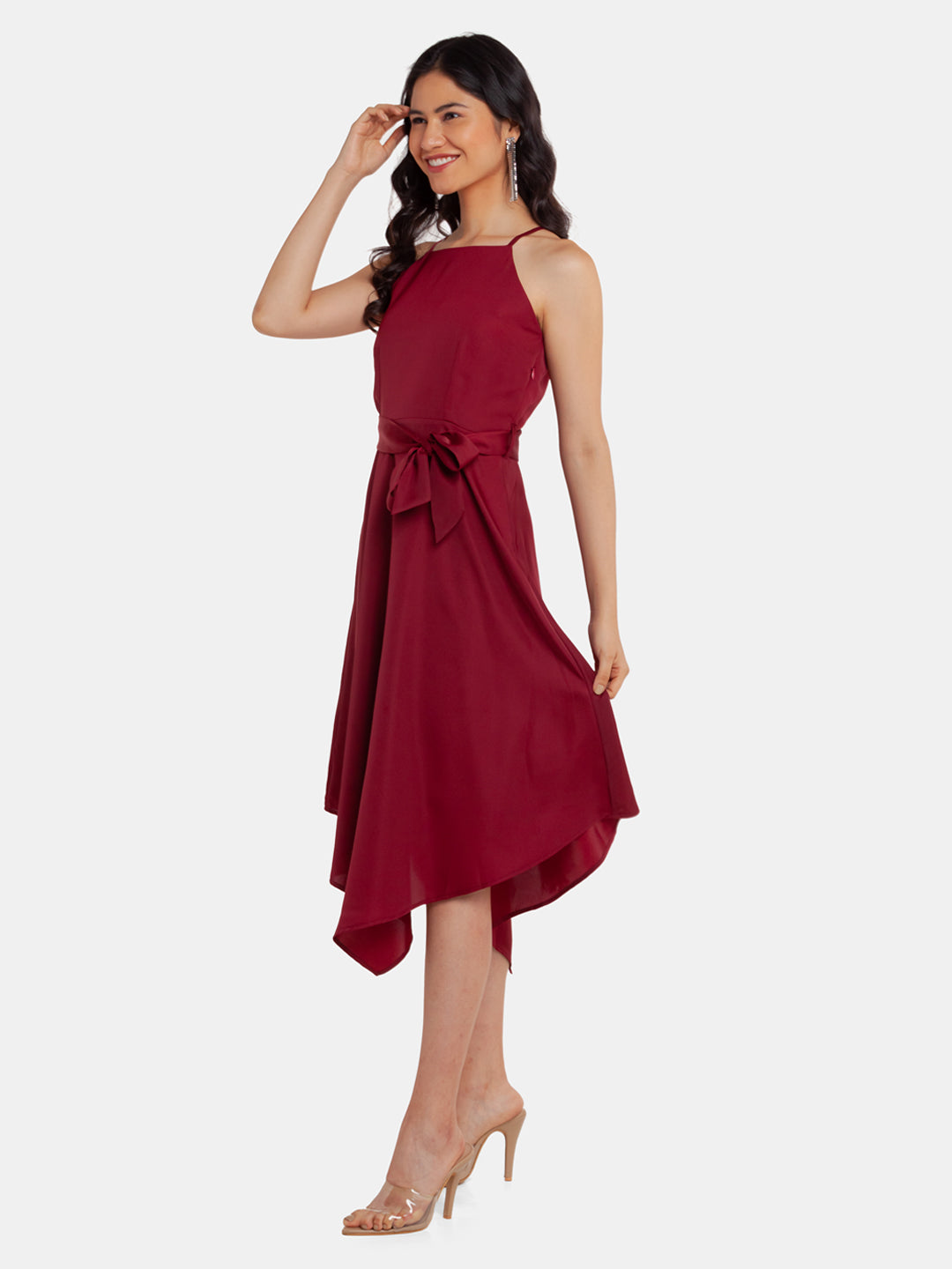 Maroon Solid Strappy Midi Dress