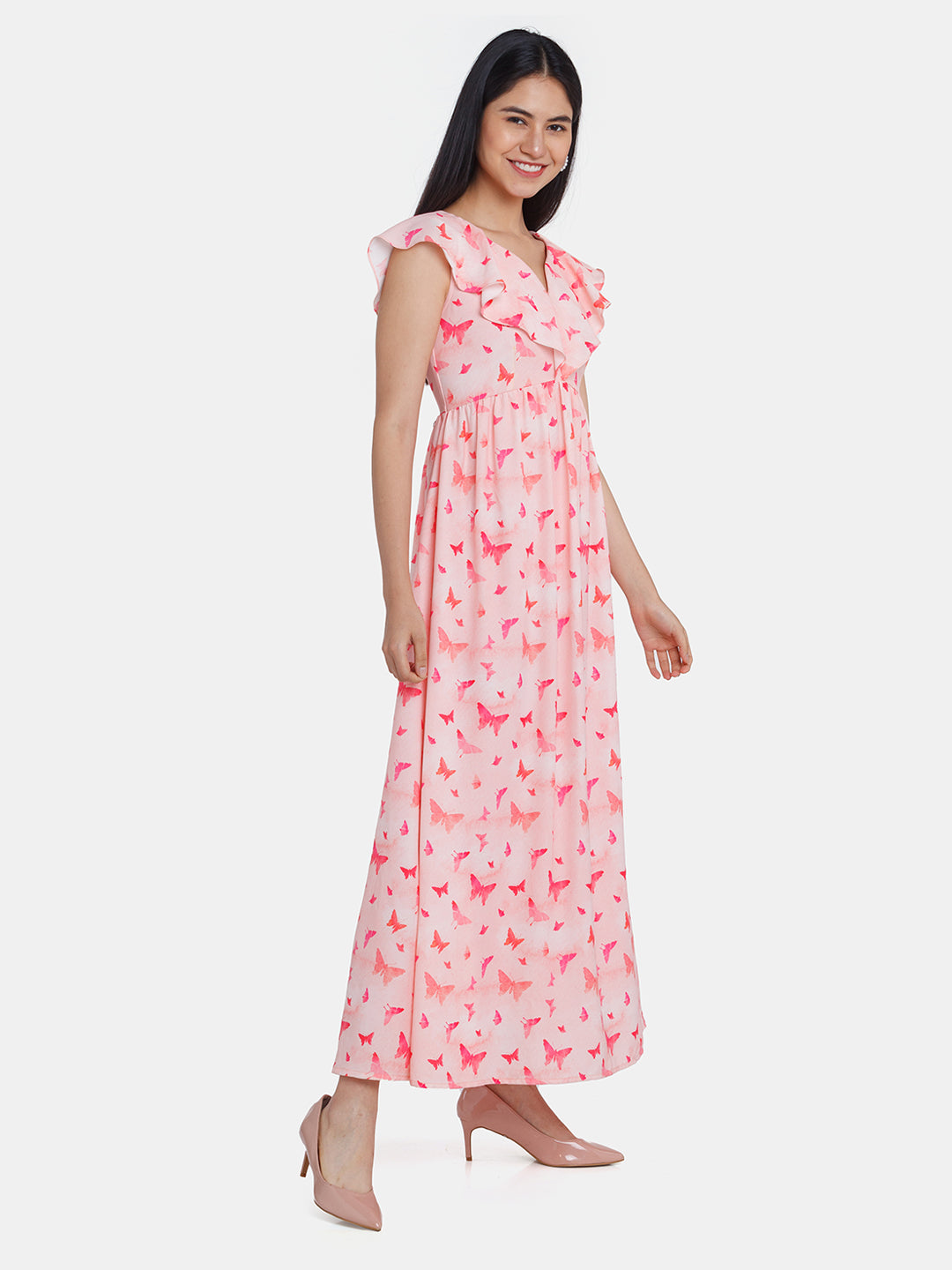 Pink Printed Ruffled Maxi Dress For Women