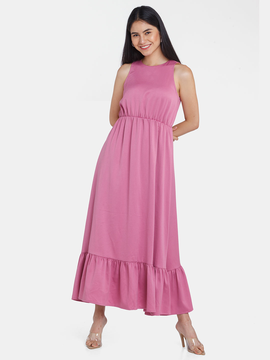 Pink Solid Ruffled Maxi Dress For Women