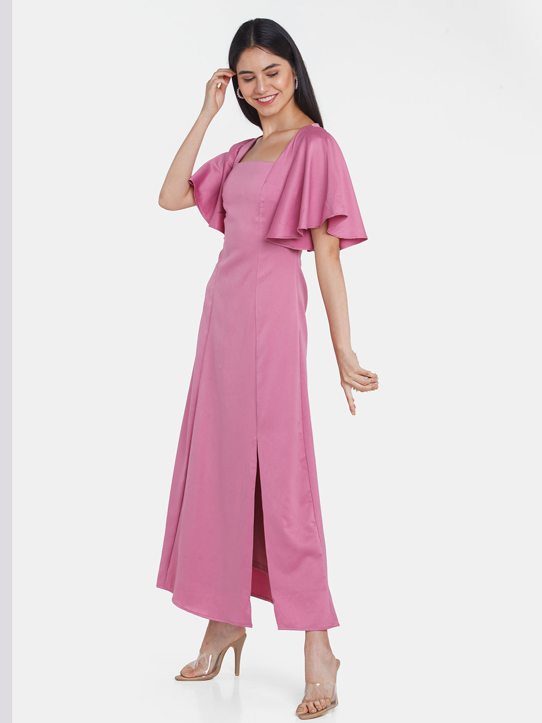 Pink Solid Flared Sleeve Maxi Dress For Women