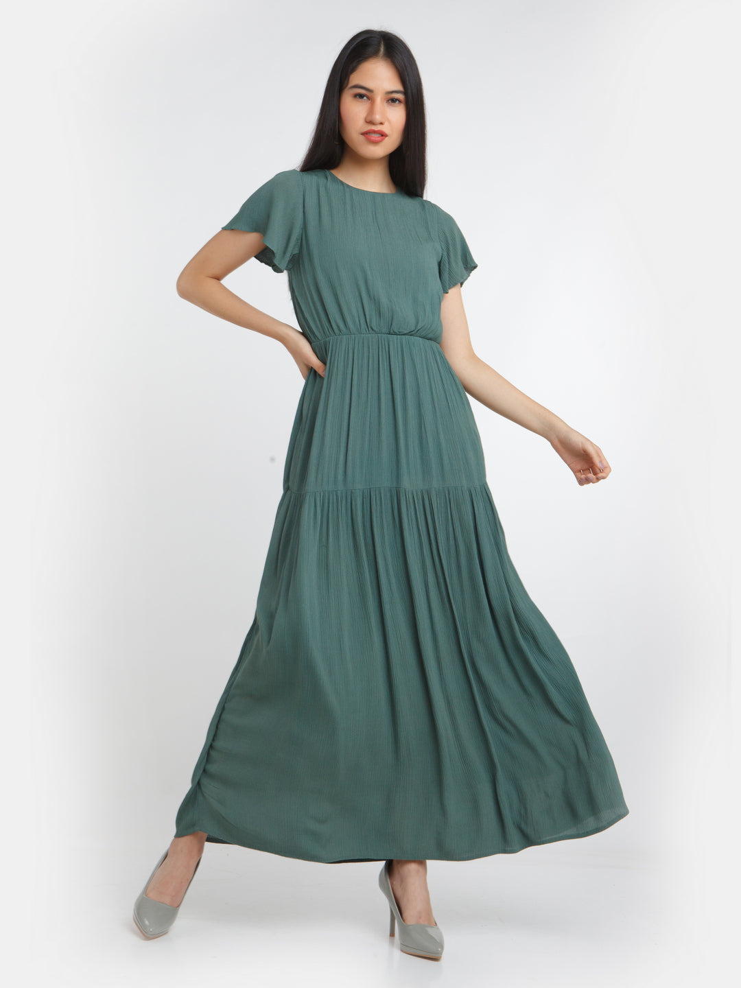 Green Solid Tiered Maxi Dress