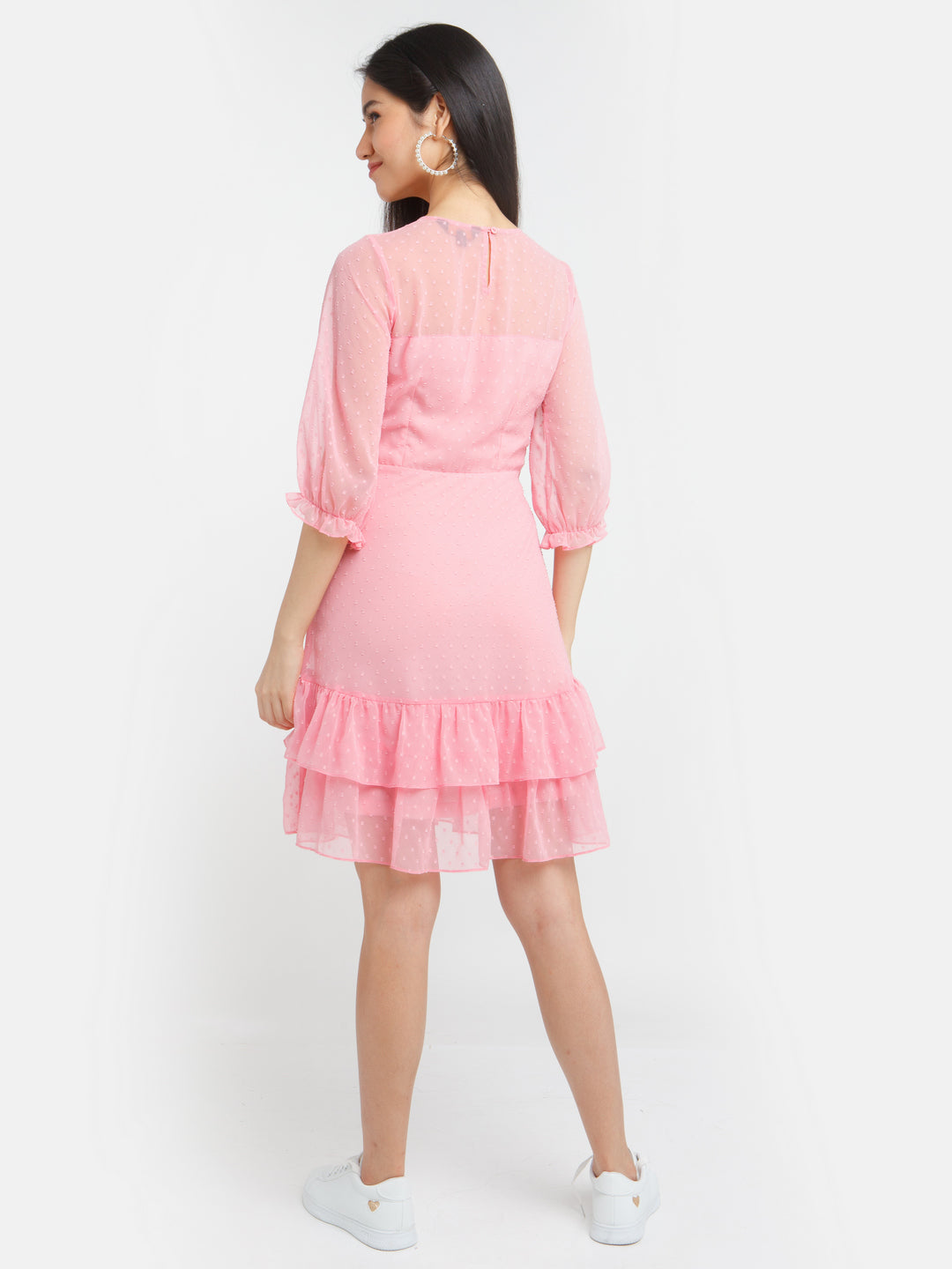 Pink Self Design Ruffled Short Dress For Women