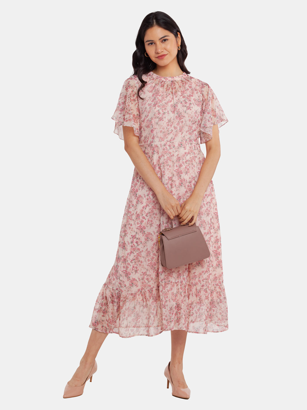 Off White Printed Gathered Maxi Dress
