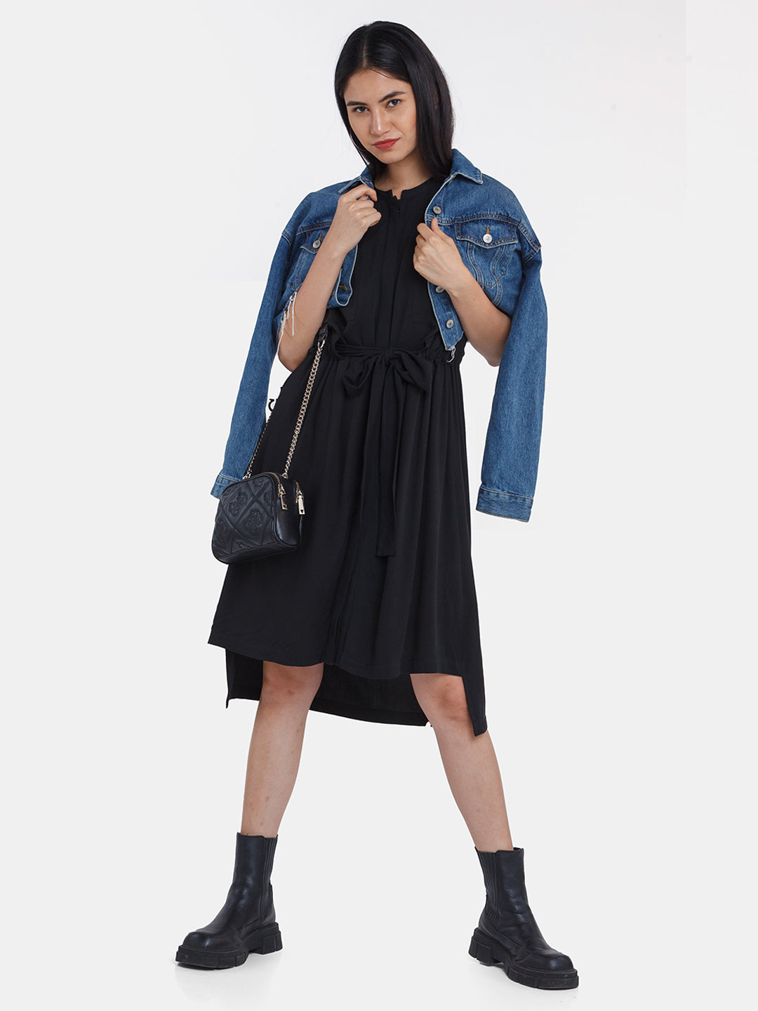 Black Solid Utility Midi Dress For Women