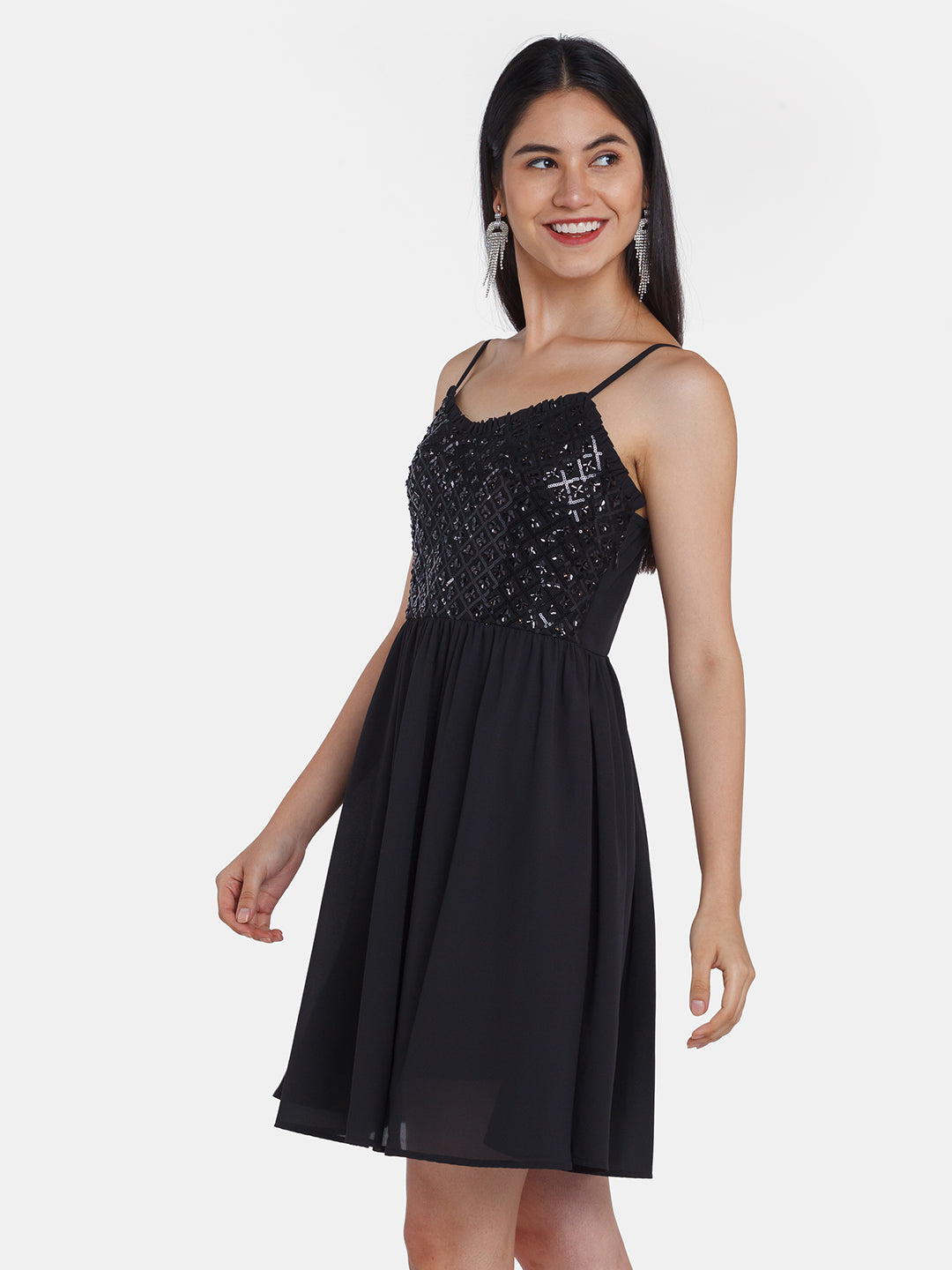 Black Embellished Strappy Short Dress