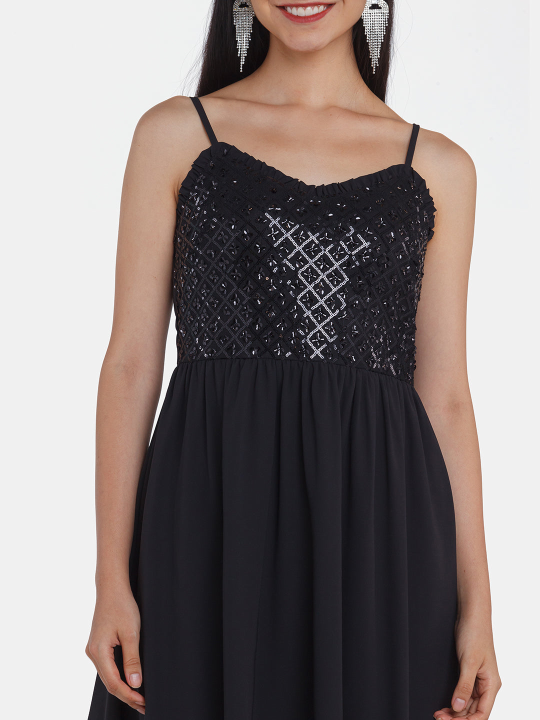 Black Embellished Strappy Short Dress