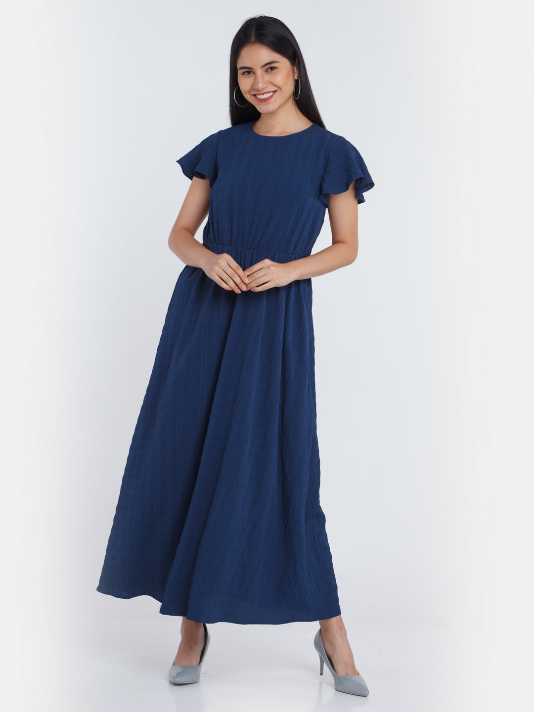Blue Checks Flared Sleeve Maxi Dress For Women