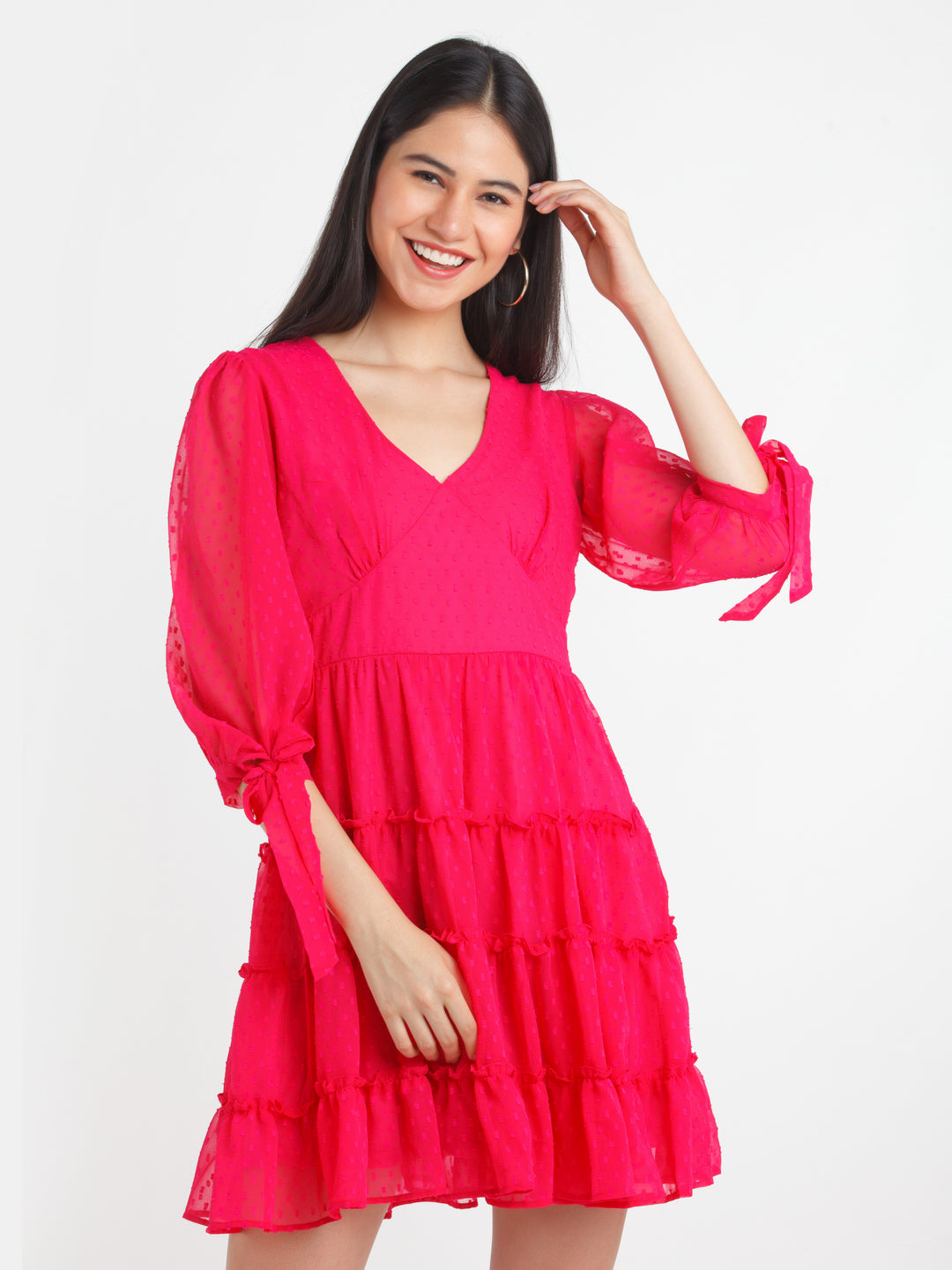 Pink Self Design Tiered Short Dress