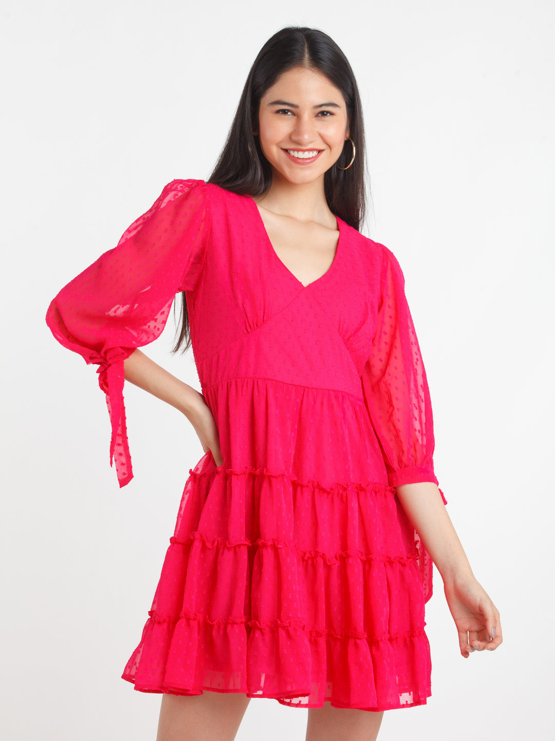 Pink Self Design Tiered Short Dress