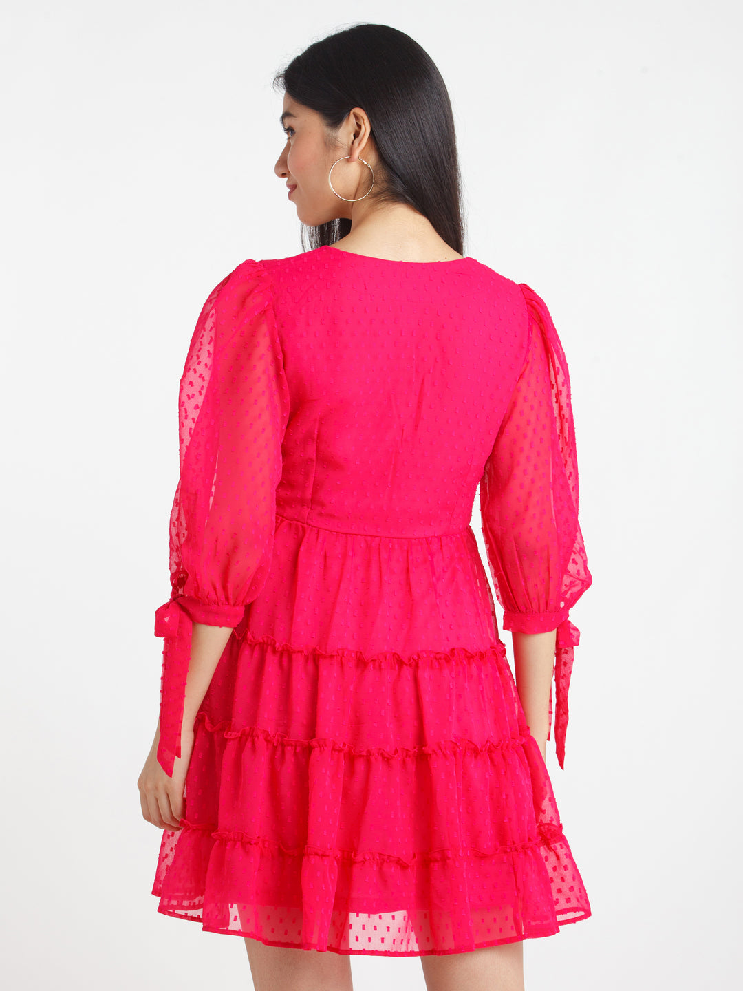 Pink Self Design Tiered Short Dress