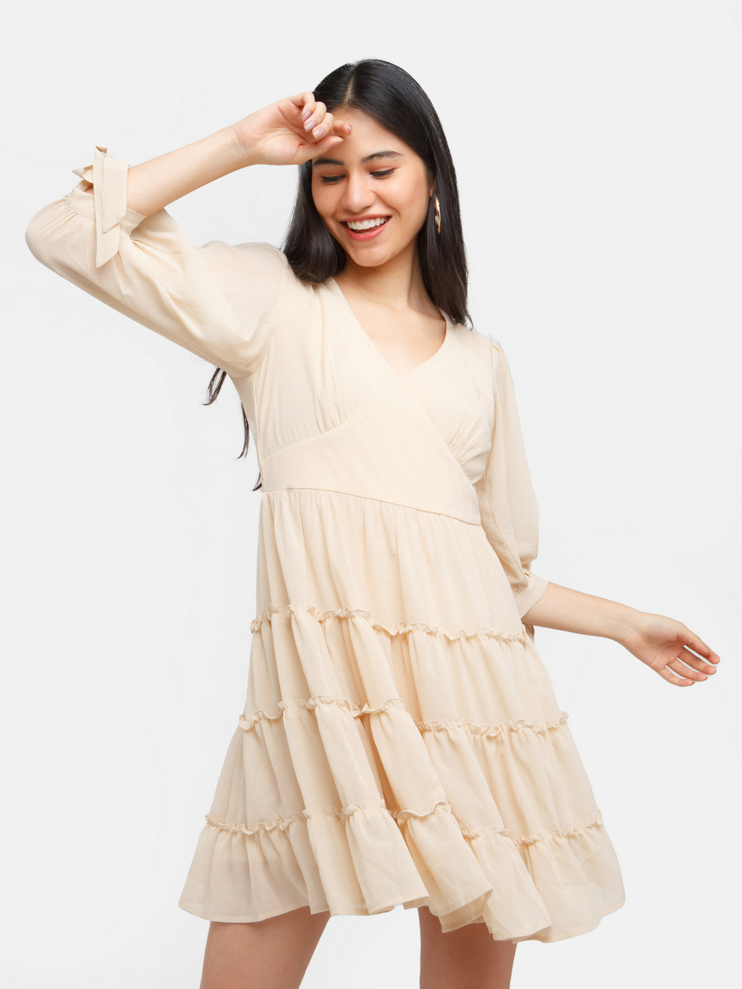 Beige Solid Tiered Short Dress