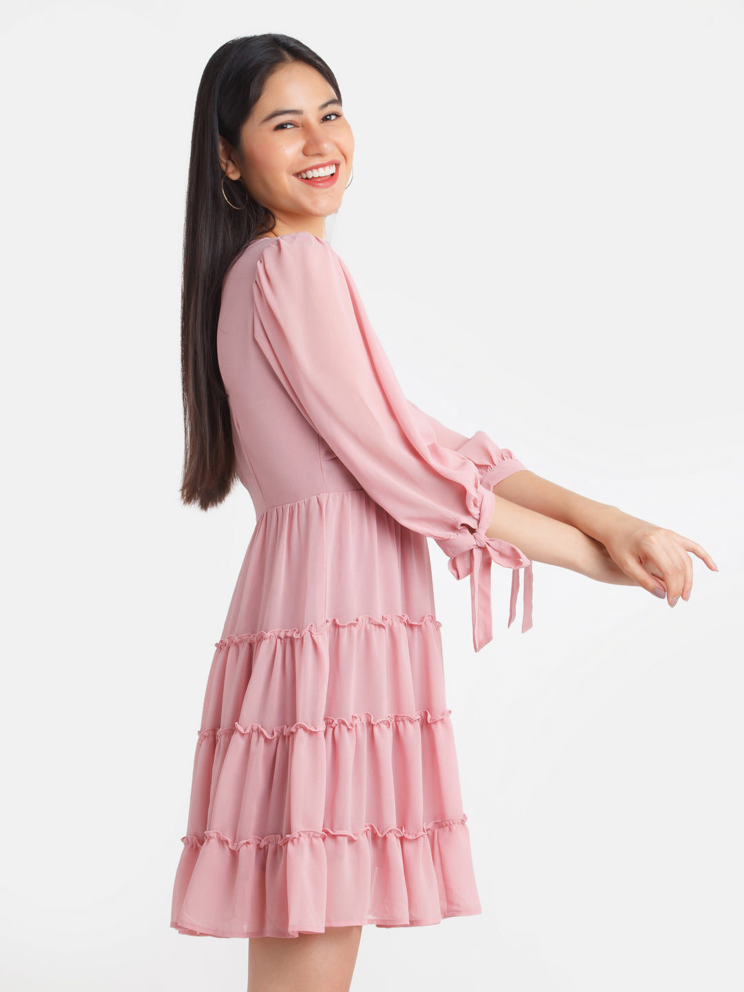 Pink Solid Tiered Short Dress
