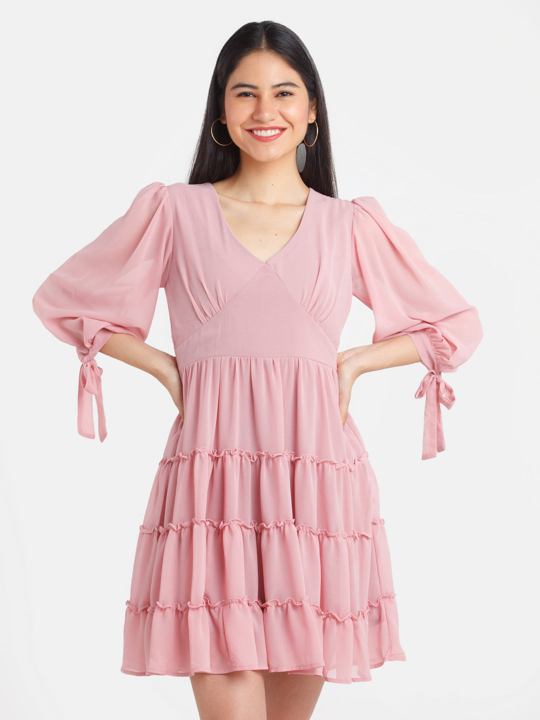 Pink Solid Tiered Short Dress