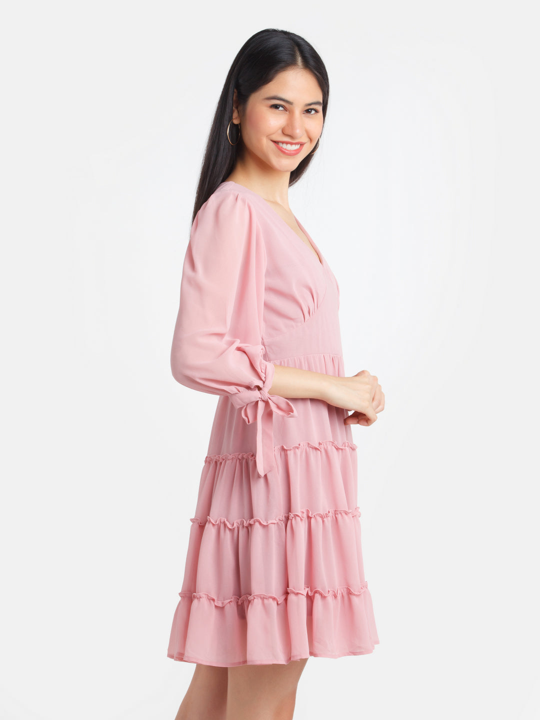 Pink Solid Tiered Short Dress