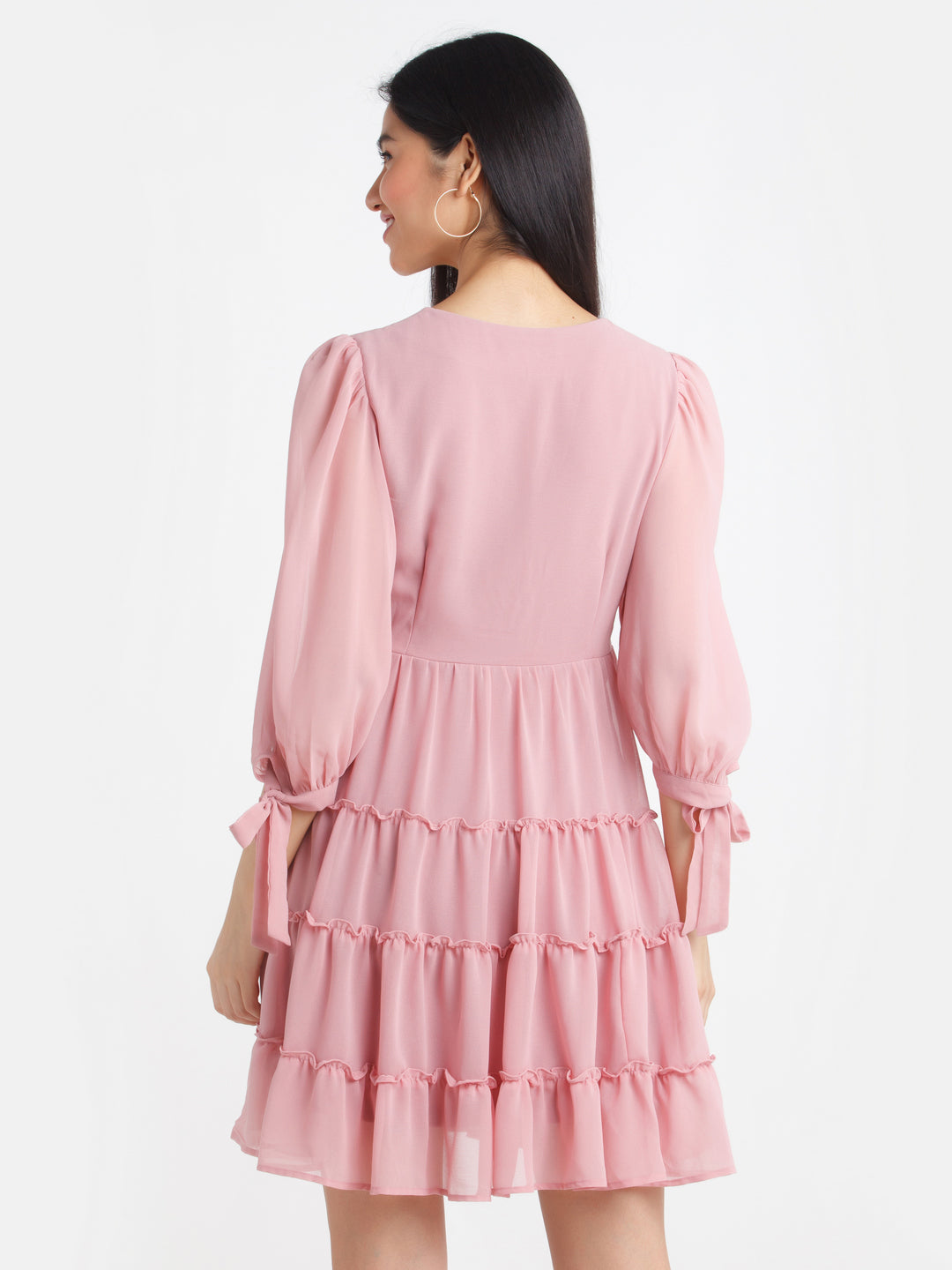Pink Solid Tiered Short Dress