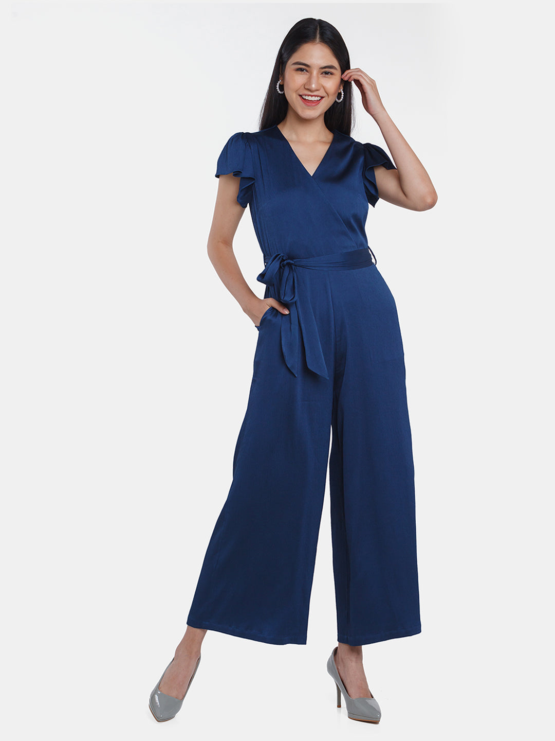 Navy Blue Solid Flared Sleeve Jumpsuit For Women