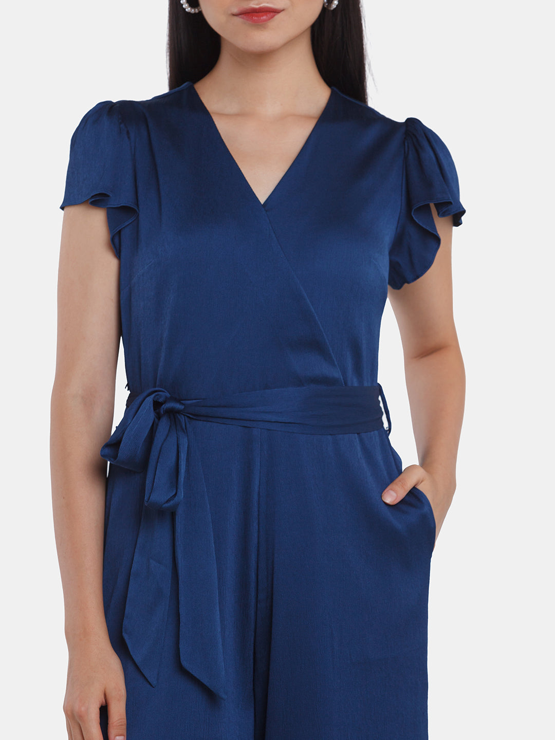 Navy Blue Solid Flared Sleeve Jumpsuit For Women