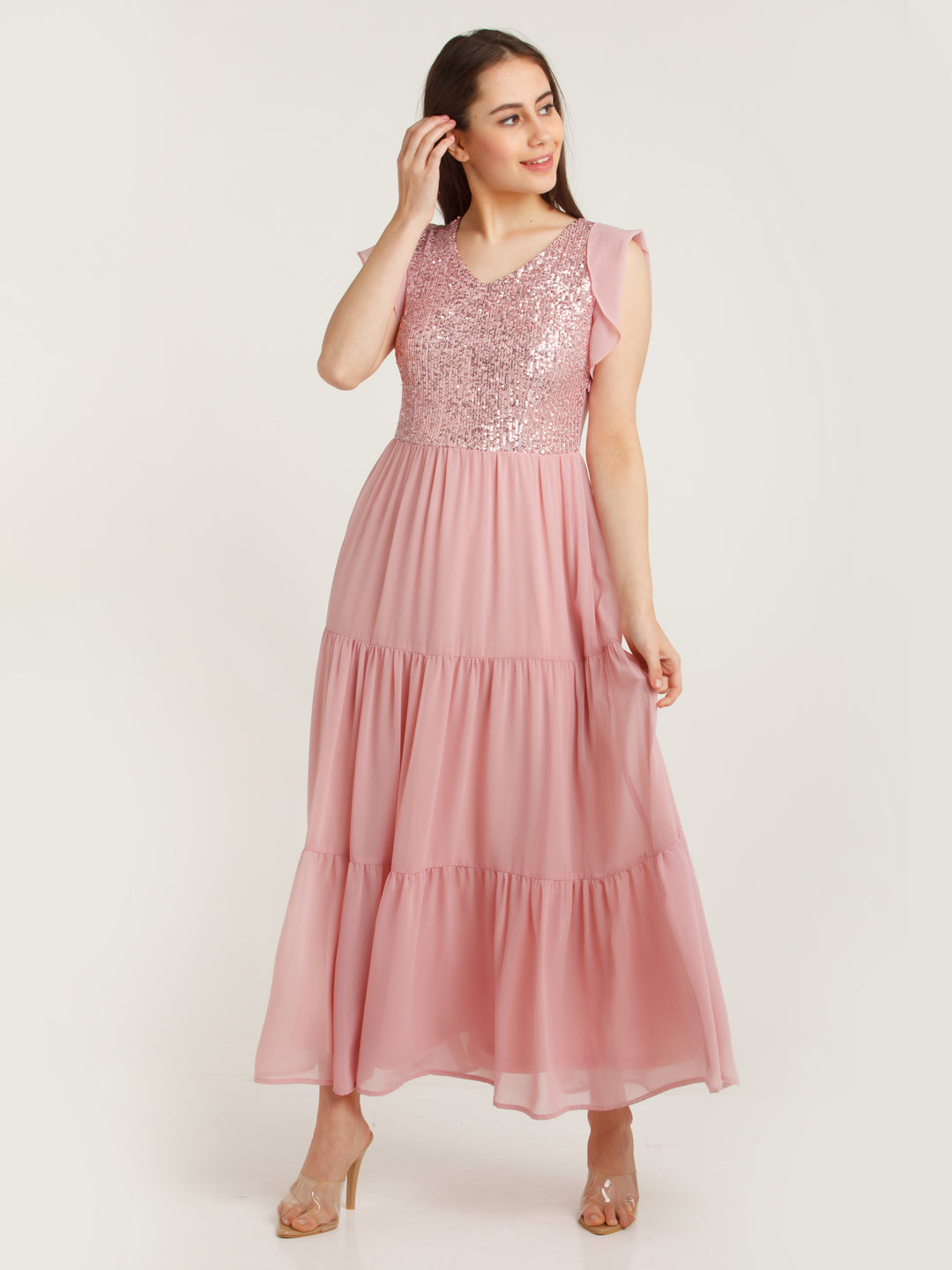Pink Embellished Tiered Maxi Dress